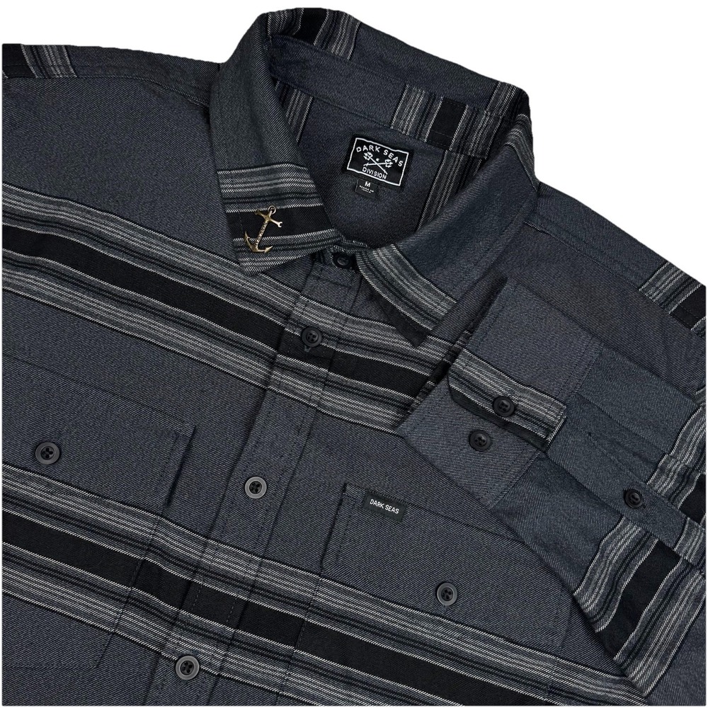 Dark Seas Division Shirt Mens Medium Striped Grey Black Long Sleeve Button Front